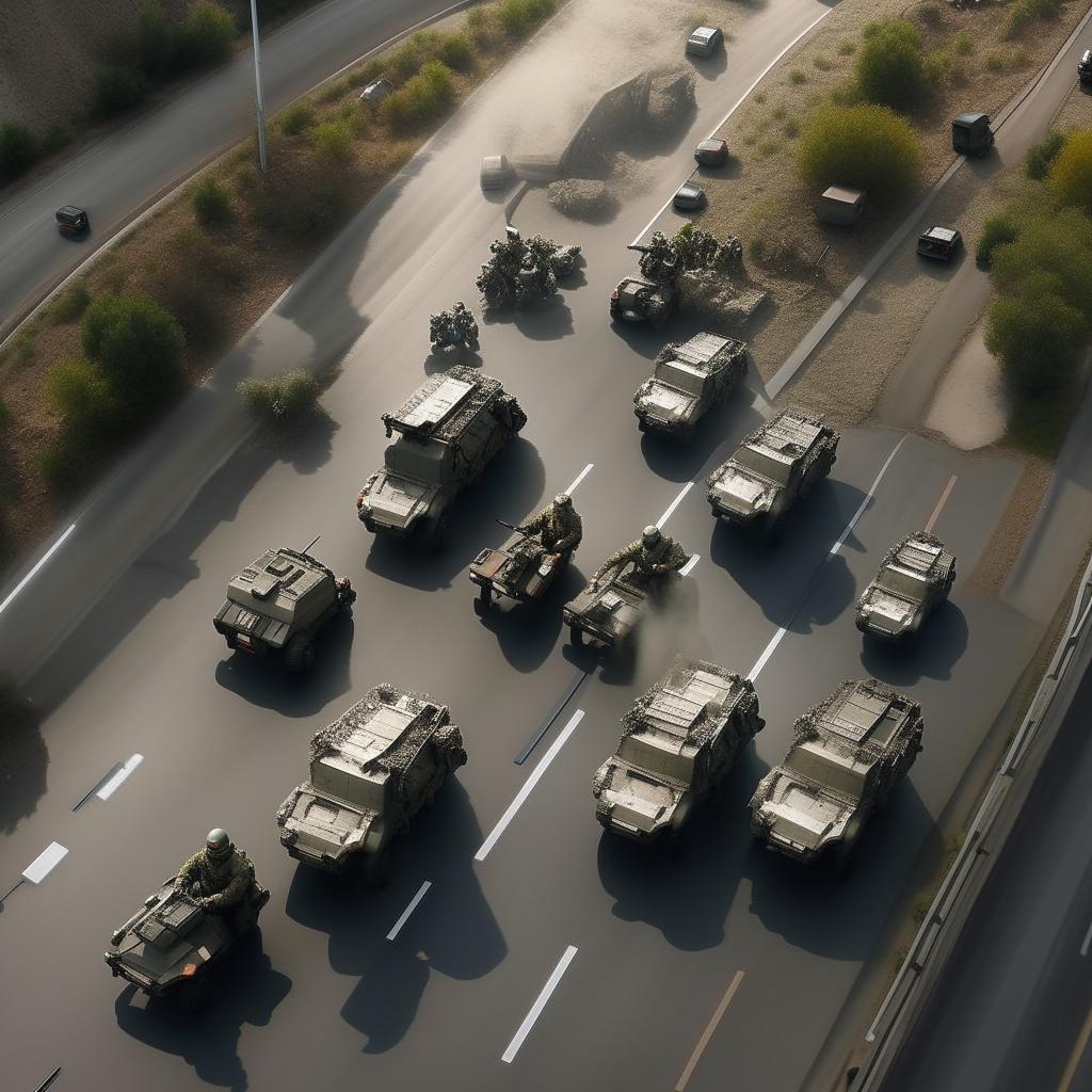 aerial view jet fighter in the sky looking down on 2 jeeps bearing 10 combatants, to the left 10 combatants on hover-boards, to the right 12 combatants on hover-bikes, down the freeway 2 armored cars with 12 combatants behind, all combatants in skeleton face mask and normal bullet proof vests