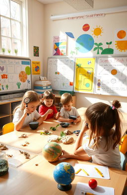 A vibrant classroom scene depicting a Kindergarten science lesson