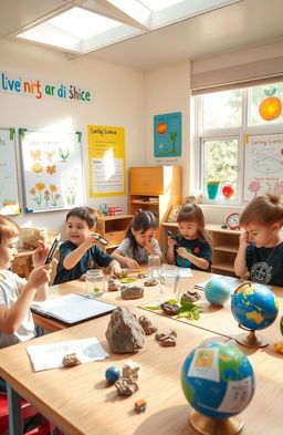 A vibrant classroom scene depicting a Kindergarten science lesson