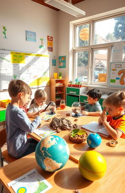 A vibrant classroom scene depicting a Kindergarten science lesson