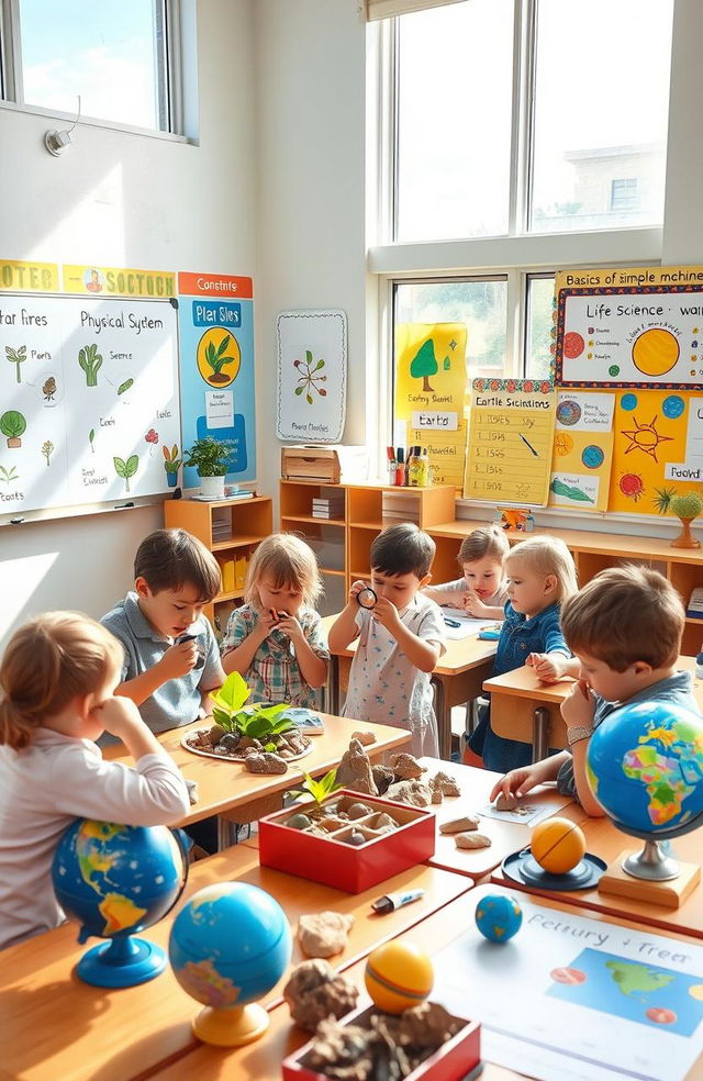 A vibrant classroom scene depicting a Kindergarten science lesson