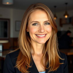 A full-length photograph of a woman aged between 30 to 45 years with a natural appearance, featuring minimal makeup and well-groomed hair