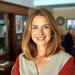 A full-length photograph of a woman aged between 30 to 45 years with a natural appearance, featuring minimal makeup and well-groomed hair