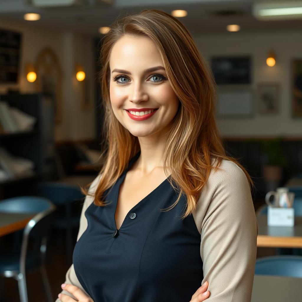 A full-length photograph of a woman aged between 30 to 45 years with a natural appearance, featuring minimal makeup and well-groomed hair