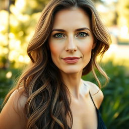 A 40-year-old American woman with a natural style, showcasing her light skin and minimal makeup, which highlights her elegant features
