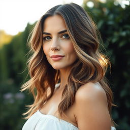 A 40-year-old American woman with a natural style, showcasing her light skin and minimal makeup, which highlights her elegant features