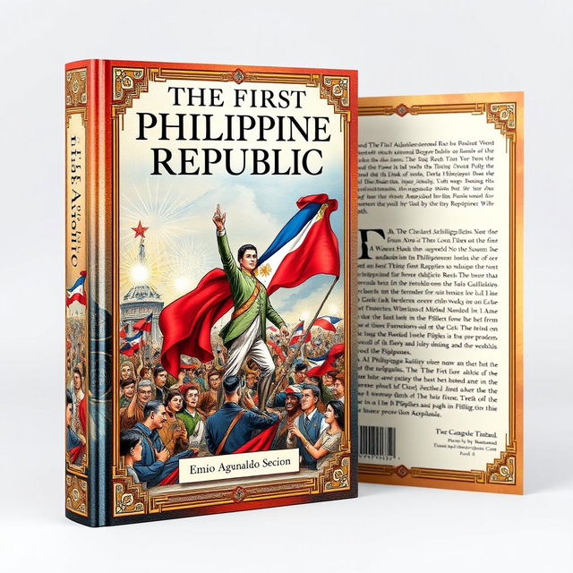 A captivating book cover for 'The First Philippine Republic' featuring a dynamic illustration