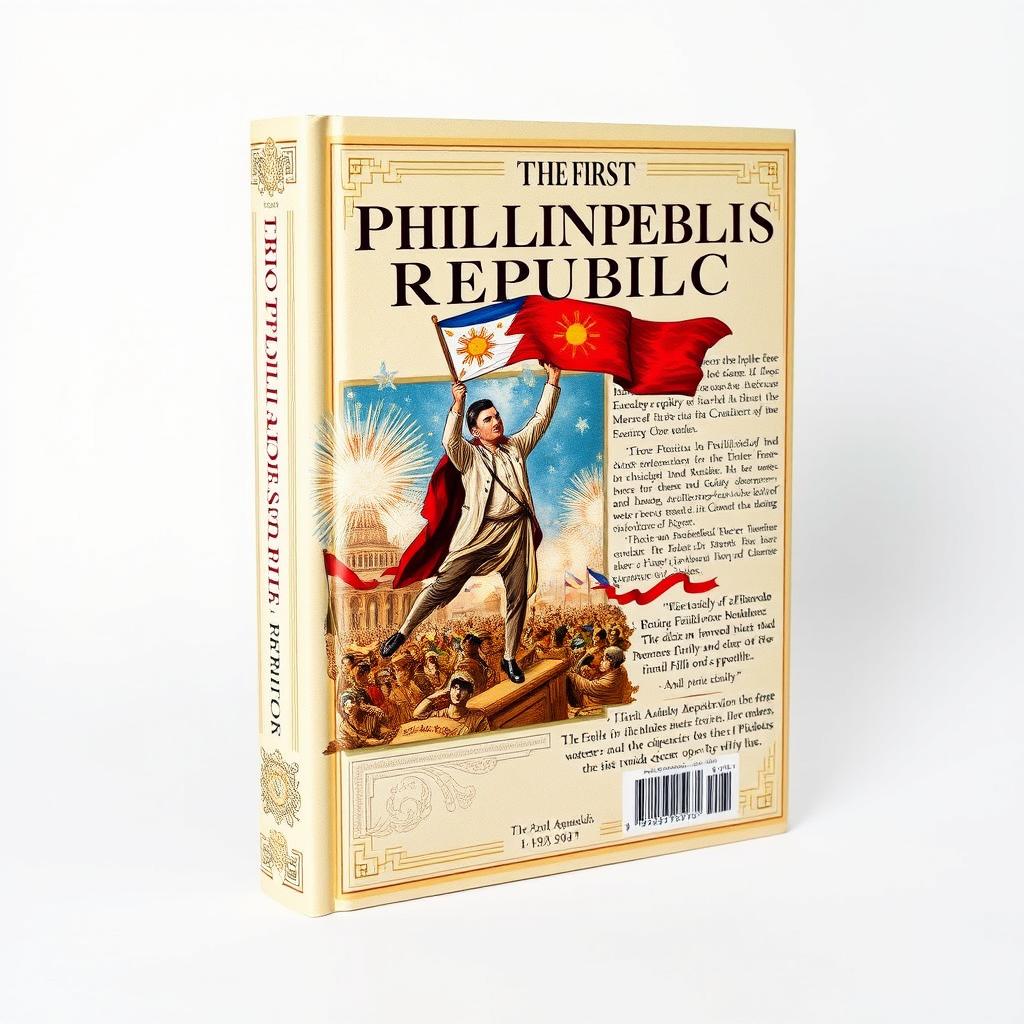 A captivating book cover for 'The First Philippine Republic' featuring a dynamic illustration