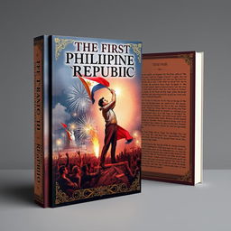 A captivating book cover for 'The First Philippine Republic' featuring a dynamic illustration