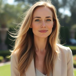 A 40-year-old American woman with a natural style, showcasing her light skin and minimal makeup that enhances her features subtly
