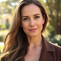 A 40-year-old American woman with a natural style, showcasing her light skin and minimal makeup that enhances her features subtly