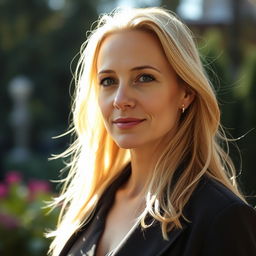 A 40-year-old American woman with a natural style, showcasing her light skin and minimal makeup that enhances her features subtly