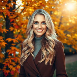 A 40-year-old American woman with long wavy blonde hair and blue eyes, depicted in a full-body view