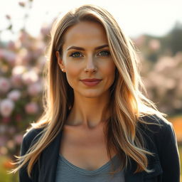 A 40-year-old American woman with a natural style, displaying her light skin and minimal makeup that accentuates her features gently
