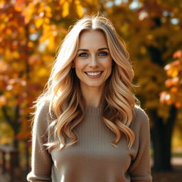 A 40-year-old American woman with long wavy blonde hair and blue eyes, depicted in a full-body view