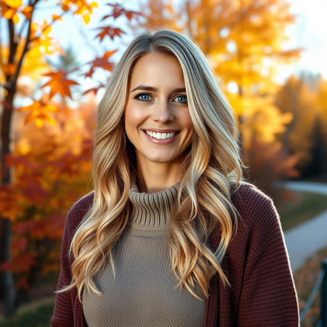 A 40-year-old American woman with long wavy blonde hair and blue eyes, depicted in a full-body view