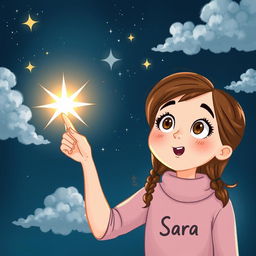 An illustration of a young woman named Sara, with wide, amazed eyes, excitedly pointing at a particularly bright star in the night sky