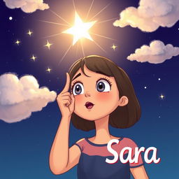 An illustration of a young woman named Sara, with wide, amazed eyes, excitedly pointing at a particularly bright star in the night sky