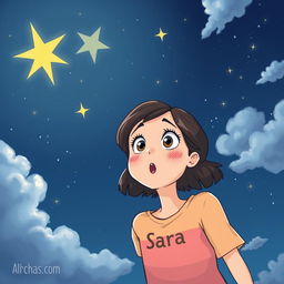 An illustration of a young woman named Sara, with wide, amazed eyes, excitedly pointing at a particularly bright star in the night sky