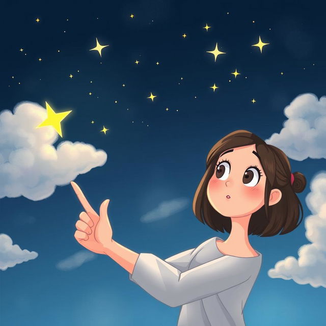 An illustration of a young woman named Sara, with wide, amazed eyes, excitedly pointing at a particularly bright star in the night sky