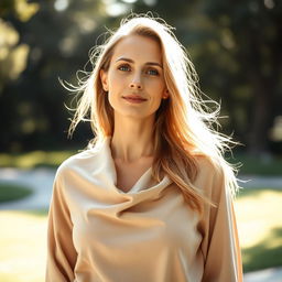 A 40-year-old American woman with a natural style, displaying her light skin and minimal makeup that highlights her natural beauty