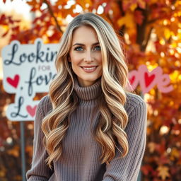 A 40-year-old American woman with long wavy blonde hair and blue eyes, depicted in a full-body view