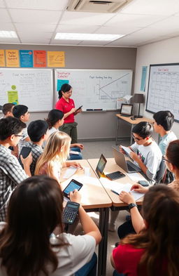 A vibrant classroom setting filled with enthusiastic students aged 13-16 who are actively participating in a Formula Mastery session