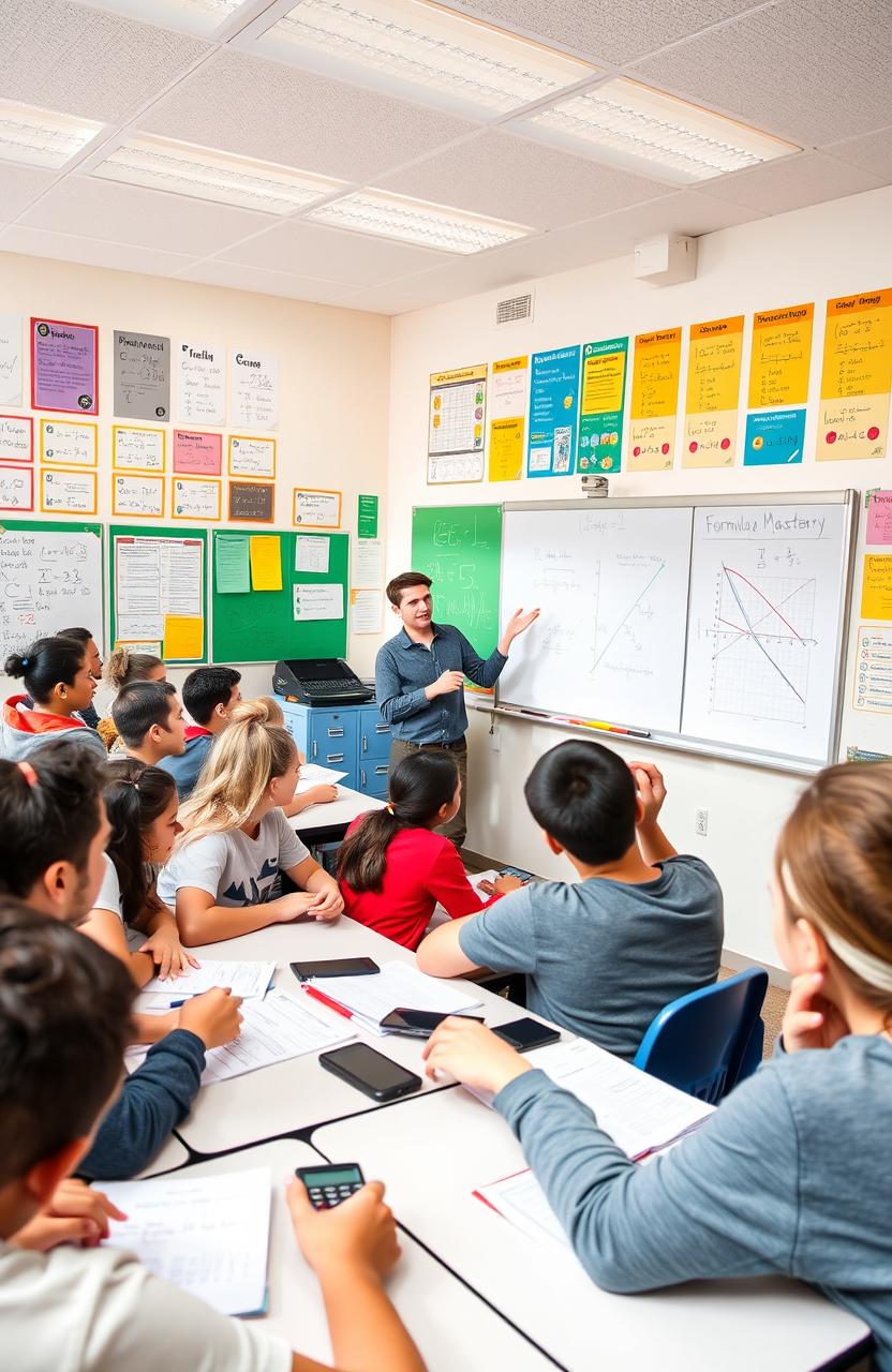 A vibrant classroom setting filled with enthusiastic students aged 13-16 who are actively participating in a Formula Mastery session