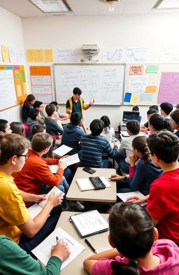A vibrant classroom setting filled with enthusiastic students aged 13-16 who are actively participating in a Formula Mastery session
