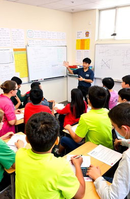 A vibrant classroom setting filled with enthusiastic students aged 13-16 who are actively participating in a Formula Mastery session