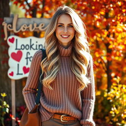A 40-year-old American woman with long wavy blonde hair and blue eyes, depicted in a full-body view