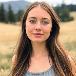 A 27-year-old woman with fair skin and long hair, showcasing a natural style with minimal makeup