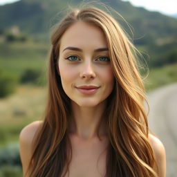 A 27-year-old woman with fair skin and long hair, showcasing a natural style with minimal makeup