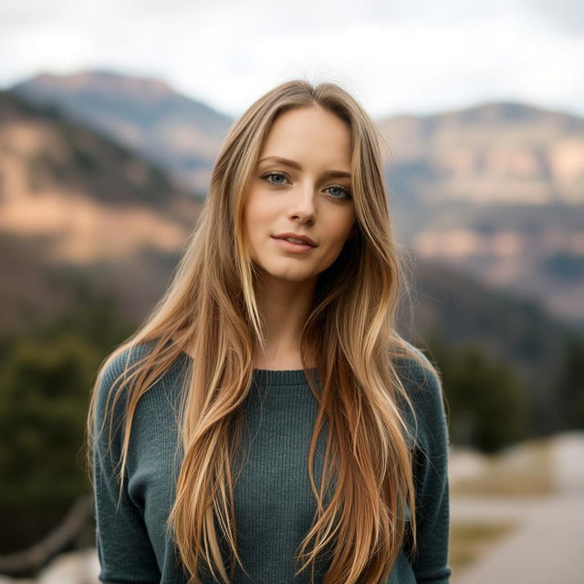 A 27-year-old woman with fair skin and long hair, showcasing a natural style with minimal makeup