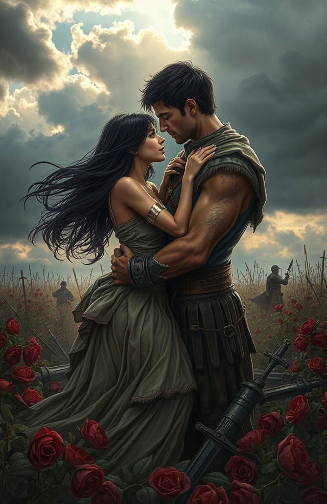 A passionate scene of a girl and her lover embracing on a battlefield