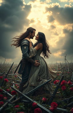 A passionate scene of a girl and her lover embracing on a battlefield