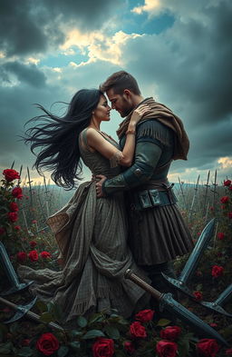 A passionate scene of a girl and her lover embracing on a battlefield