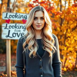 A 40-year-old American woman with long wavy blonde hair and striking blue eyes, presented in a full-body view