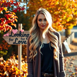 A 40-year-old American woman with long wavy blonde hair and striking blue eyes, presented in a full-body view