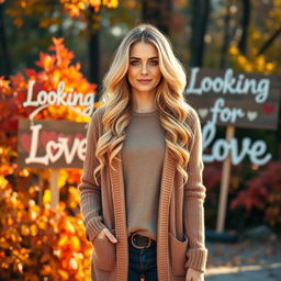 A 40-year-old American woman with long wavy blonde hair and striking blue eyes, presented in a full-body view