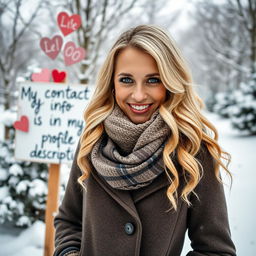 A 40-year-old American woman with long wavy blonde hair and bright blue eyes, showcased in a full-body view