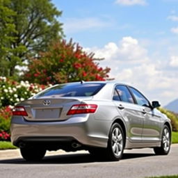 A sleek and stylish 2007 Toyota Camry parked in a scenic outdoor setting, surrounded by lush greenery and colorful flowers