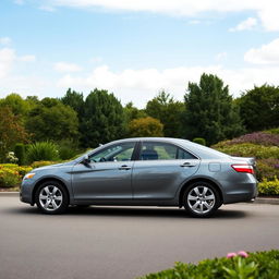 A sleek and stylish 2007 Toyota Camry parked in a scenic outdoor setting, surrounded by lush greenery and colorful flowers