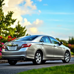 A sleek and stylish 2007 Toyota Camry parked in a scenic outdoor setting, surrounded by lush greenery and colorful flowers