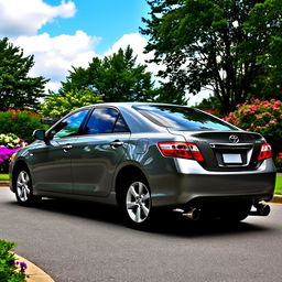 A sleek and stylish 2007 Toyota Camry parked in a scenic outdoor setting, surrounded by lush greenery and colorful flowers