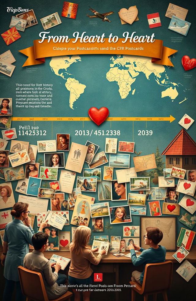 A detailed visual representation of the history of postcards, showcasing a timeline that combines personal experiences of sending and receiving postcards with their cultural significance worldwide