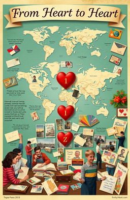 A detailed visual representation of the history of postcards, showcasing a timeline that combines personal experiences of sending and receiving postcards with their cultural significance worldwide
