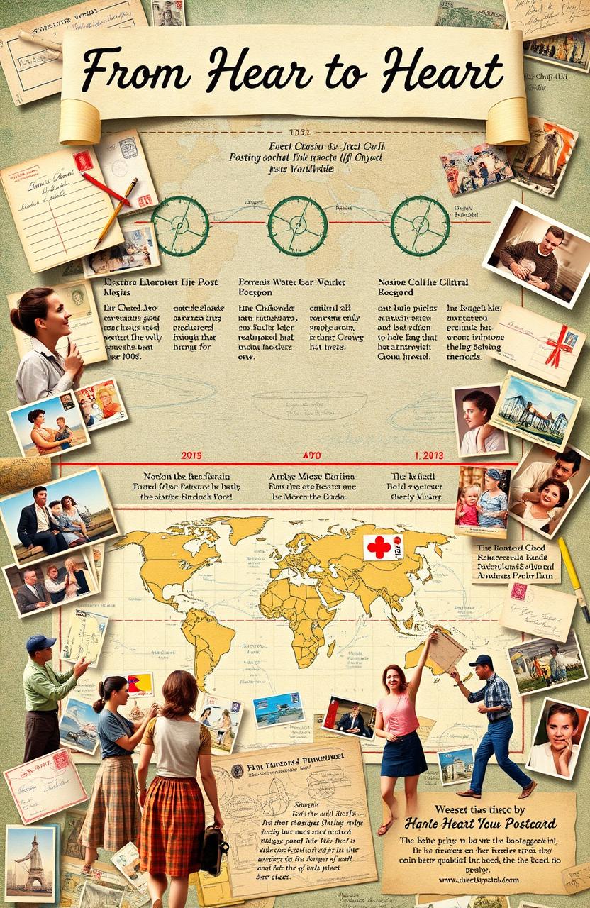 A detailed visual representation of the history of postcards, showcasing a timeline that combines personal experiences of sending and receiving postcards with their cultural significance worldwide