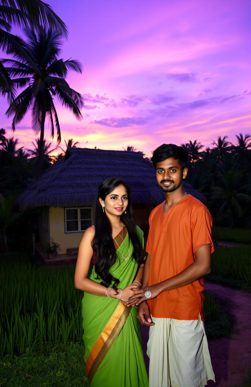 A romantic scene set in a picturesque Kerala village during twilight