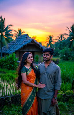 A romantic scene set in a picturesque Kerala village during twilight